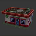 Vintage Small Building With Red Roof Blue Door Grid Windows And Roof Appliances