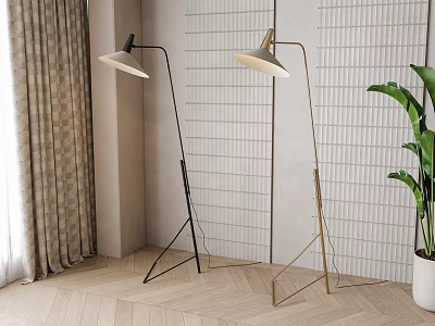 Black and Gold Floor Lamps with Triangular Base Grid Pattern Wall Green Plant Wooden Floor 3d model