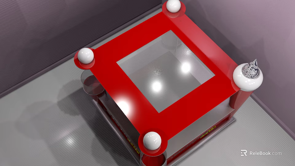 Red Square Table With Transparent Glass Top And Four White Spherical Decorations 3d model 