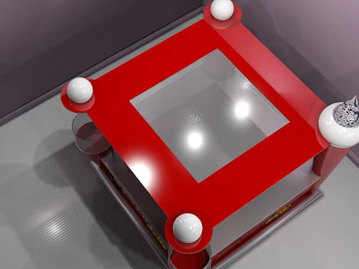 Red Square Table With Transparent Glass Top And Four White Spherical Decorations 3d model