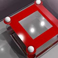 Red Square Table With Transparent Glass Top And Four White Spherical Decorations