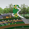Residential Landscape With Playground Features Green Cube Structure Silver Slide And Trees