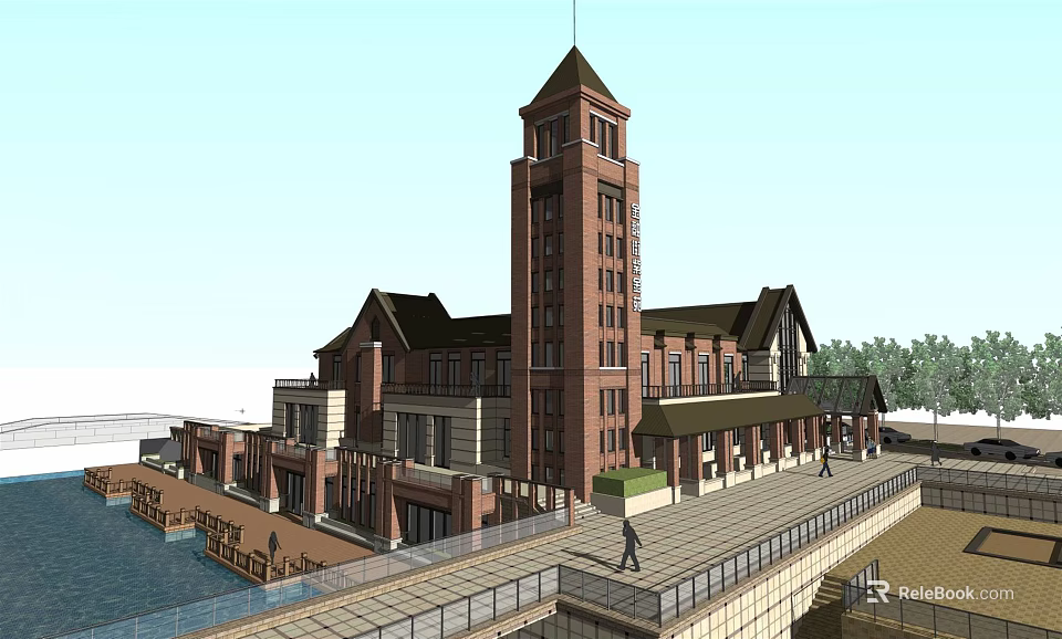 European Style Architecture Exterior With Red Brick Tower Waterfront Promenade And Greenery 3d model 
