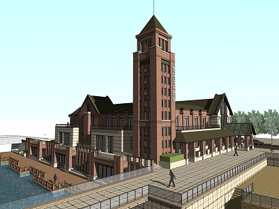 European Style Architecture Exterior With Red Brick Tower Waterfront Promenade And Greenery 3d model