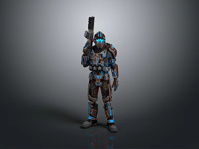 Sci Fi Biological Character Wearing Armored Suit Holding Gun With Blue Red Details 3d model