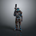 Sci Fi Biological Character Wearing Armored Suit Holding Gun With Blue Red Details