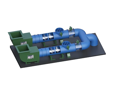 Industrial Equipment Blue Piping System with Green Components Mounted on Black Base 3d model