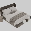 Modern Double Bed With Soft Headboard White Pillows Striped Bed Sheets And Round Nightstand
