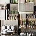 Modern Wine Cabinet With Multiple Shelves Various Wine Bottles And Hanging Lights