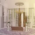Religious Worship Space With Circular Platform Sofa Columns Chandelier And Green Plants