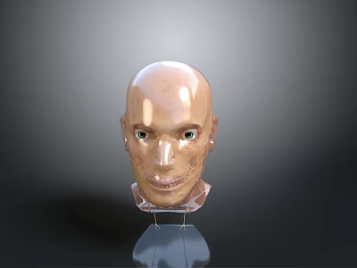 Copper Colored Human Head Model With Green Eyes On Transparent Stand For Home Decor 3d model