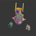 Game Movie Robot Character With Yellow Parts Blue Eye Floating And Small Side Robots