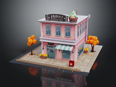 Pink Ice Cream Shop Building with Striped Awning Red Mailbox Orange Trees and Flower Pots 3d model