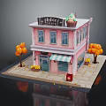 Pink Ice Cream Shop Building with Striped Awning Red Mailbox Orange Trees and Flower Pots