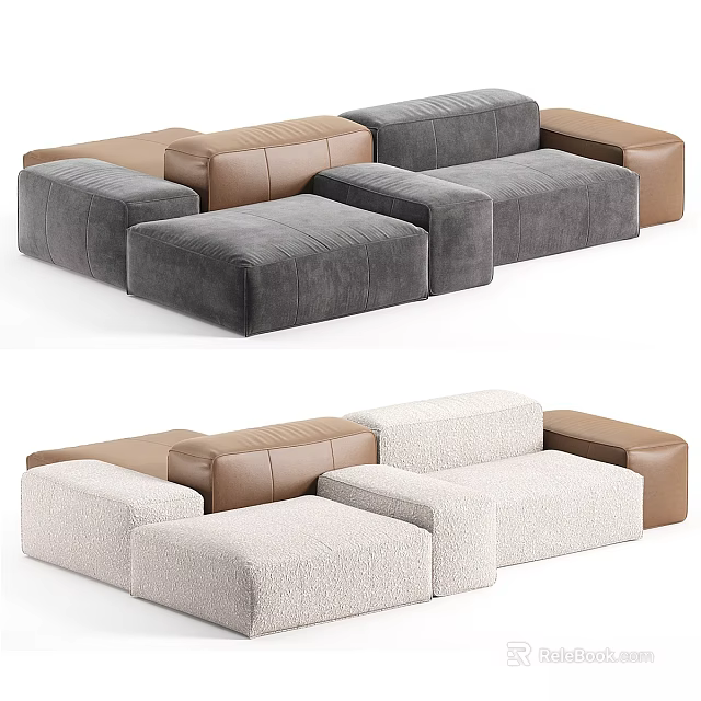Modern Two Seater Sofa With Modular Design Gray Beige Brown Fabric And Ottoman 3d model 