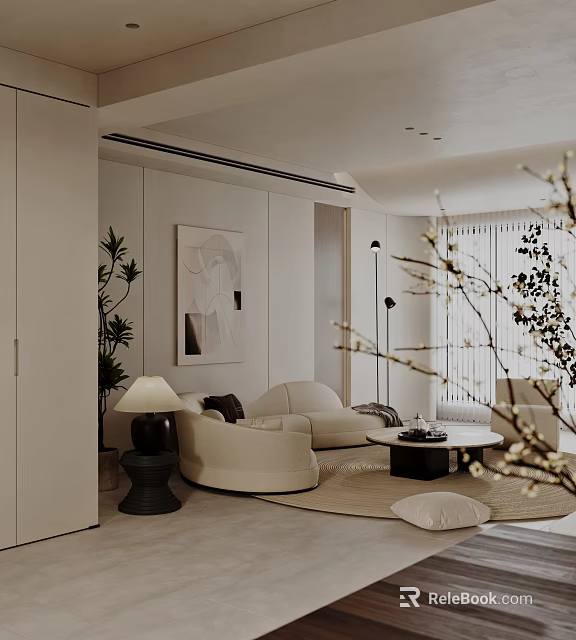 Modern Living Dining Room Interior With Beige Sofa Round Coffee Table Floor Lamp And Green Plants 3d model 