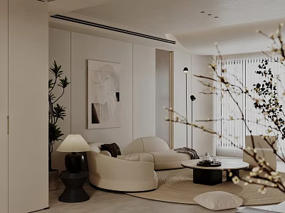 Modern Living Dining Room Interior With Beige Sofa Round Coffee Table Floor Lamp And Green Plants 3d model