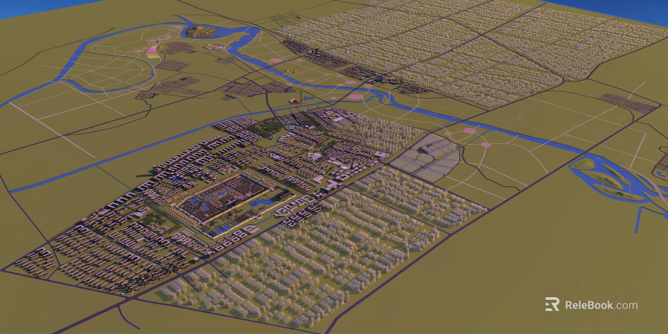 Aerial View Urban Planning Design With Road Network River Green Spaces And Building Clusters 3d model 