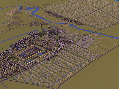 Aerial View Urban Planning Design With Road Network River Green Spaces And Building Clusters 3d model