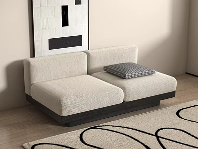 Light Beige Fabric Two Seater Sofa With Checkered Cushion And Modern Wall Art 3d model