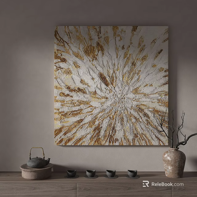 Abstract Gold And White Wall Painting With Radiant Texture For Interior Decor 3d model 