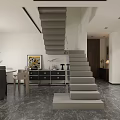 Modern Minimalist Living Room With Floating Staircase Dark Marble Floor And Stylish Wall Art