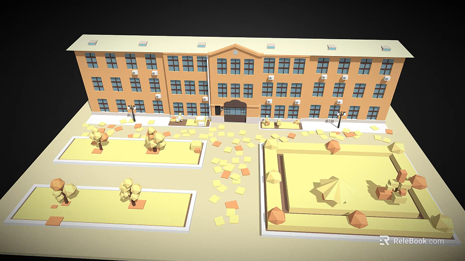 Cartoon style Orange Building With Trees Lawns And Scattered Fallen Leaves In Courtyard 3d model 