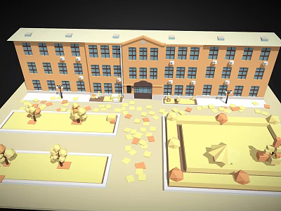 Cartoon style Orange Building With Trees Lawns And Scattered Fallen Leaves In Courtyard 3d model