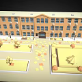 Cartoon style Orange Building With Trees Lawns And Scattered Fallen Leaves In Courtyard