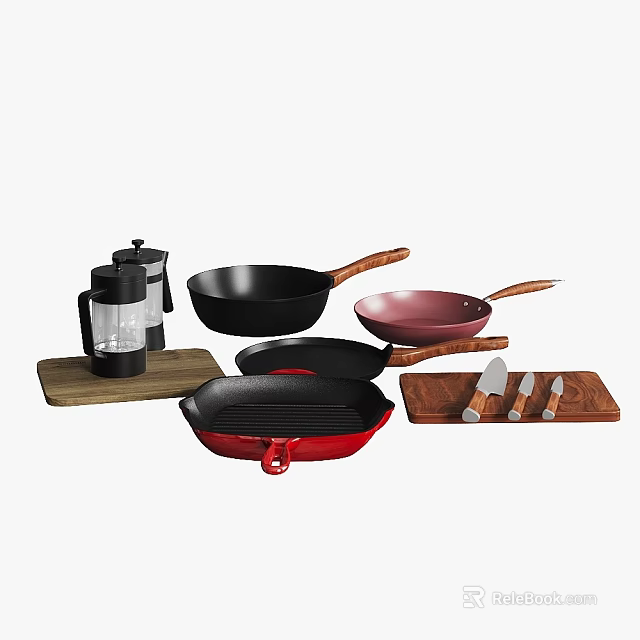Colorful Kitchen Cookware Set With Frying Pans Wooden Handles Coffee Maker Knives And Cutting Board 3d model 
