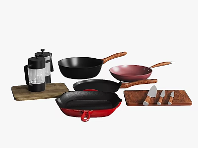 Colorful Kitchen Cookware Set With Frying Pans Wooden Handles Coffee Maker Knives And Cutting Board 3d model