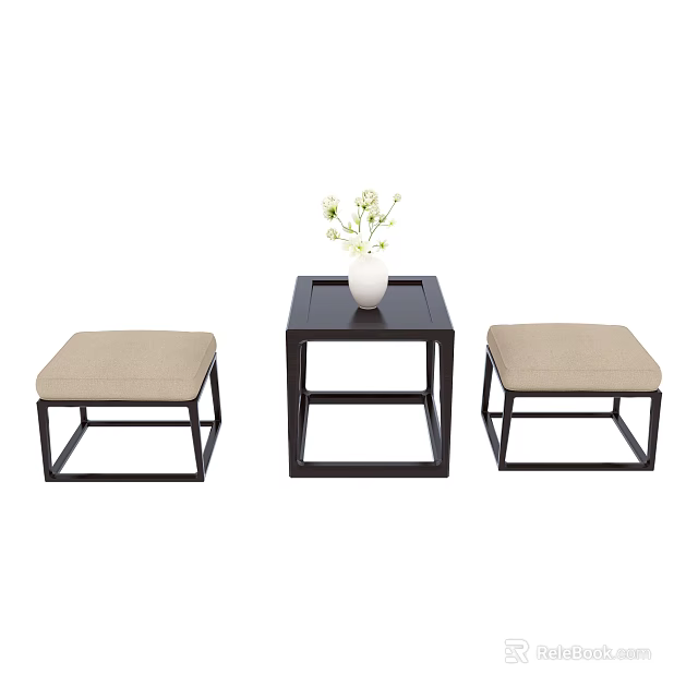 Modern Side Table With Two Cushioned Stools And White Vase Holding Flowers 3d model