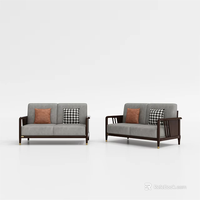 Gray Two Seater Sofas With Wooden Armrests And Orange Checkered Cushions 3d model