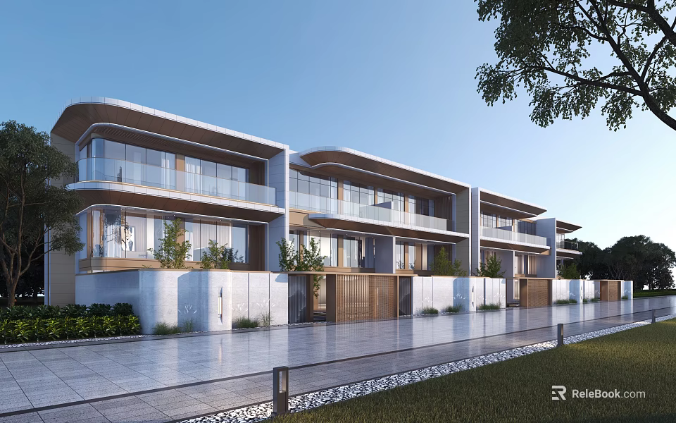 Modern Townhouses Exterior Design With Glass Balconies Stone Facades And Landscaping 3d model 