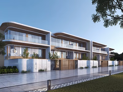 Modern Townhouses Exterior Design With Glass Balconies Stone Facades And Landscaping 3d model