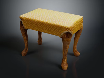 Classic Wooden Stool With Yellow Diamond Pattern Upholstered Seat And Carved Legs 3d model