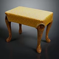 Classic Wooden Stool With Yellow Diamond Pattern Upholstered Seat And Carved Legs