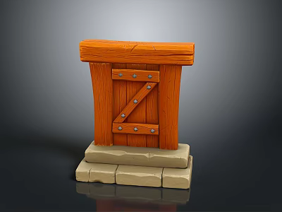 Orange Wooden Door With Metal Hinges Nails And Stone Base Steps 3d model