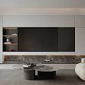 Warm Minimalist Modern Living And Dining Room With Plush Sofa And Marble Coffee Tables