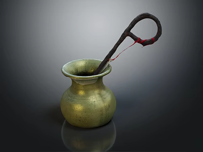 Vintage Brass Household Container With Red Decorated Tool Inside 3d model