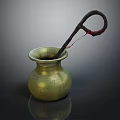 Vintage Brass Household Container With Red Decorated Tool Inside