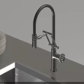 Modern Black Swivel Kitchen Faucet On Gray Countertop With Stainless Steel Sink And Bowls