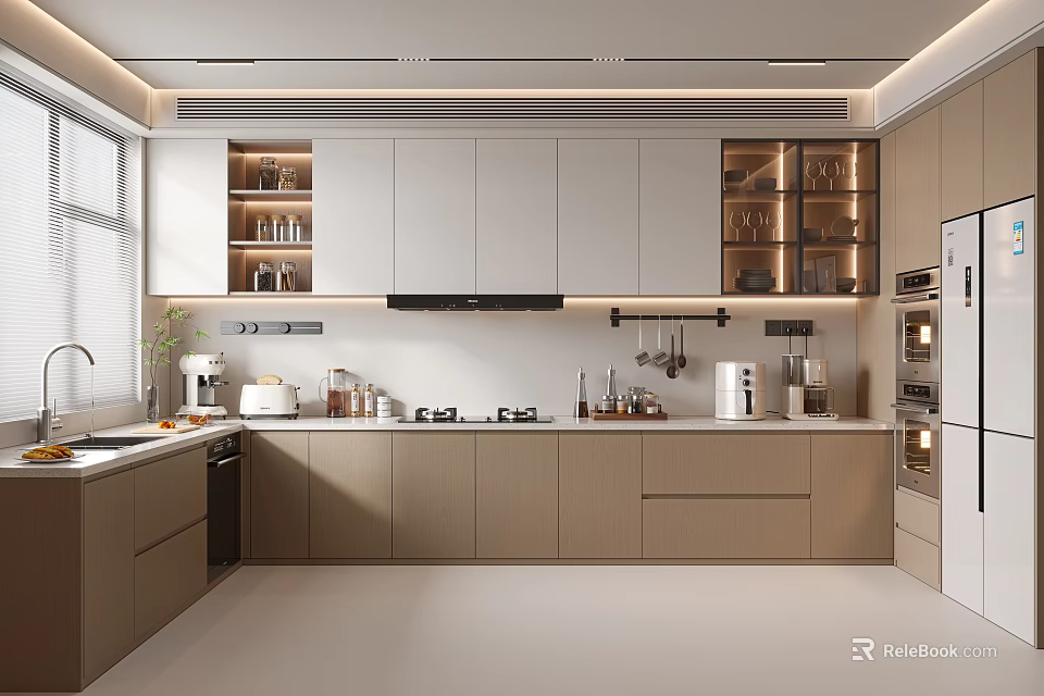 Modern Kitchen Interior With Light Wood Cabinets And Stainless Steel Appliances 3d model 