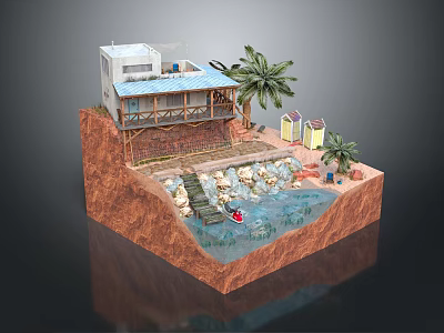 Cartoon Scene With Small House On Cliff Balcony Palm Trees Water Area And Small Boat 3d model