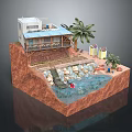 Cartoon Scene With Small House On Cliff Balcony Palm Trees Water Area And Small Boat