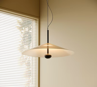 Bright Modern Pendant Light With White Shade And Black Rod In Interior With Window Blinds 3d model