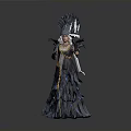 Elaborate Black Feather Gown Costume With Decorative Headdress And Scepter Like Object For Theatrical Performance