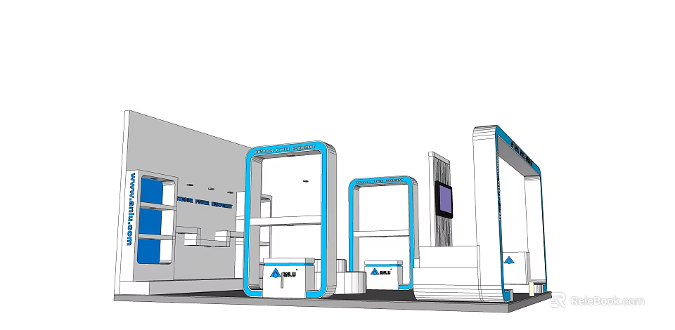 Modern Exhibition Booth Design With Blue White Frames And Display Screen Elements 3d model 