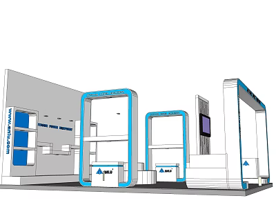 Modern Exhibition Booth Design With Blue White Frames And Display Screen Elements 3d model