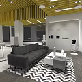 Modern Showroom Interior With White Tables TV Screens Sofa And Yellow Ceiling